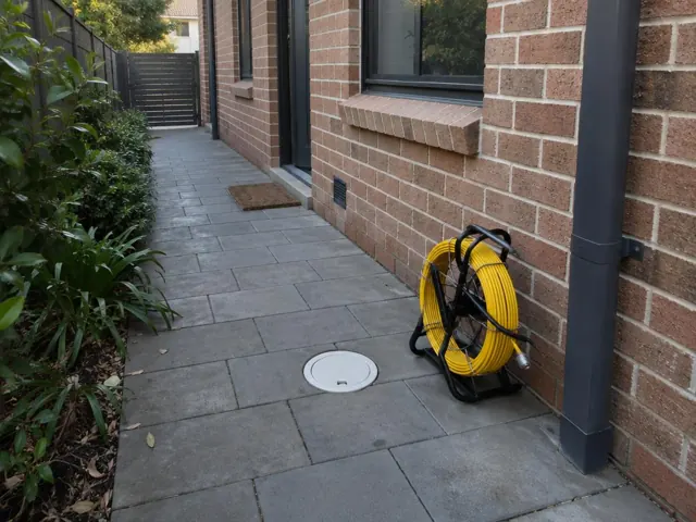 Capped drain inspection opening beside a yellow camera reel on a paved side path next to a brick house in Newington
