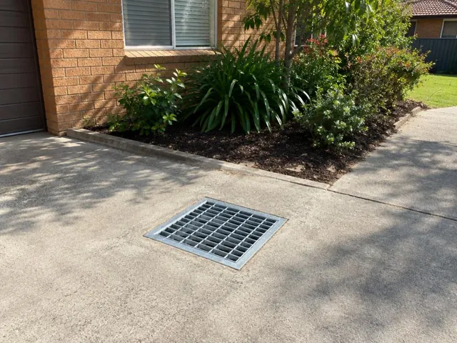 Concrete driveway with a metal stormwater grate beside brick house landscaping in Ermington