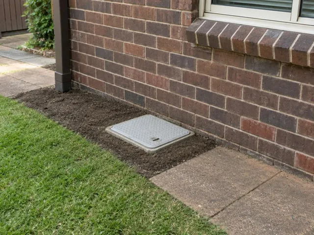 Capped sewer inspection opening beside a brick house wall and lawn in Rydalmere
